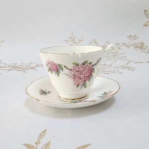 Regency Fine Bone China Teacup & Saucer - Vintage Pink Hydrangeas/Leaf Accents